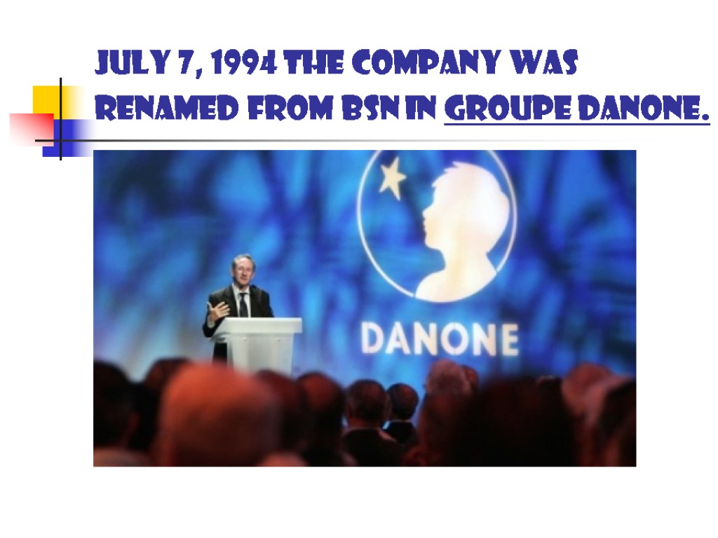 July 7, 1994 the company was renamed from BSN in Groupe Danone.